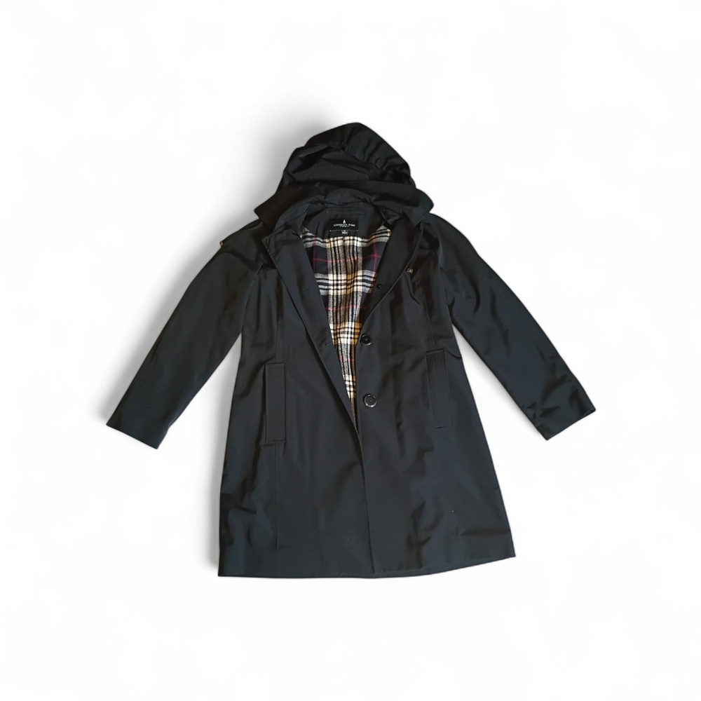 London Fog Black Trench Coat with Red White And Black Plaid Lining Size Medium